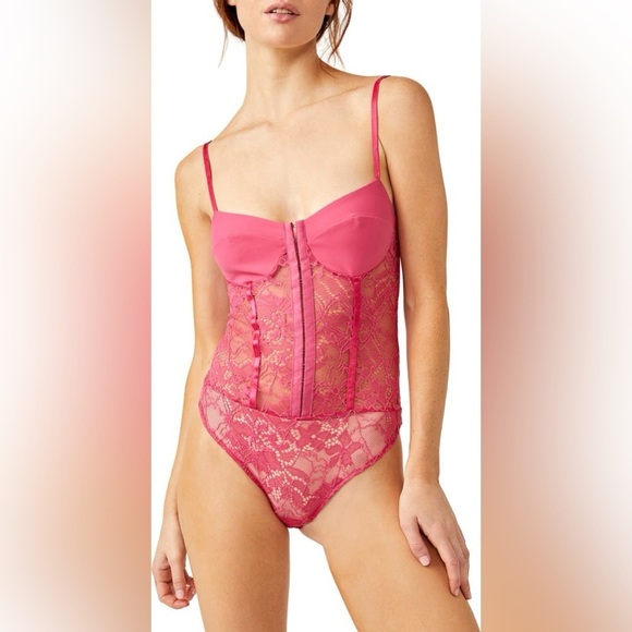 NEW Free People Pink Lace Bodysuit with Bustier Top - Picture 1 of 6